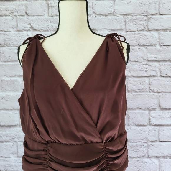 Connected Woman brown ruched waist v neck sleeveless knee length dress size 14W - Picture 5 of 12